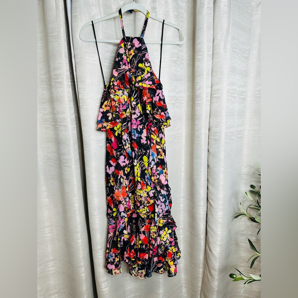 NWT Jason Wu women’s chiffon multicolored floral halter neck ruffled midi dress - Picture 6 of 17